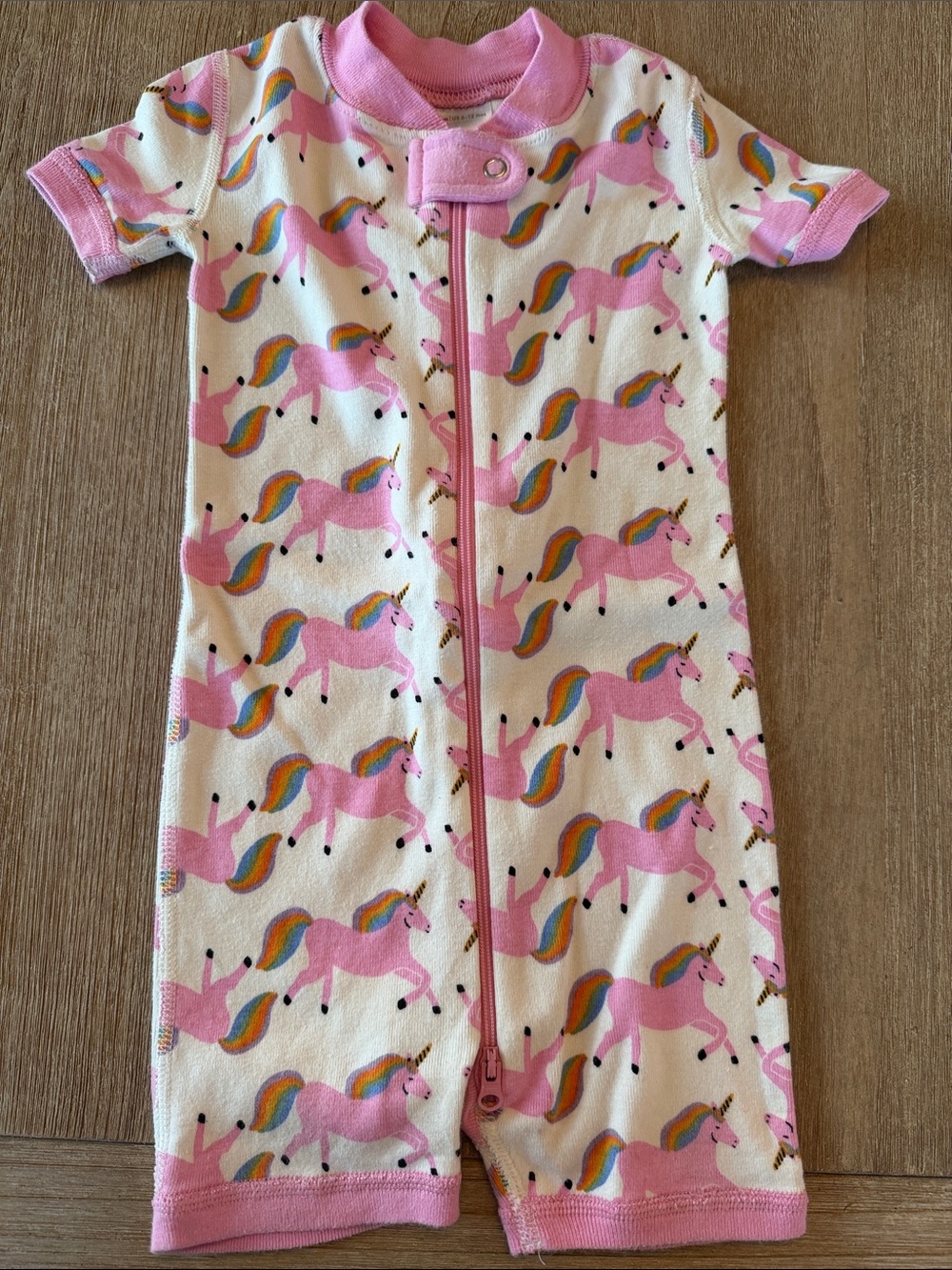Hanna Andersson Pink and White Unicorn Zip Romper